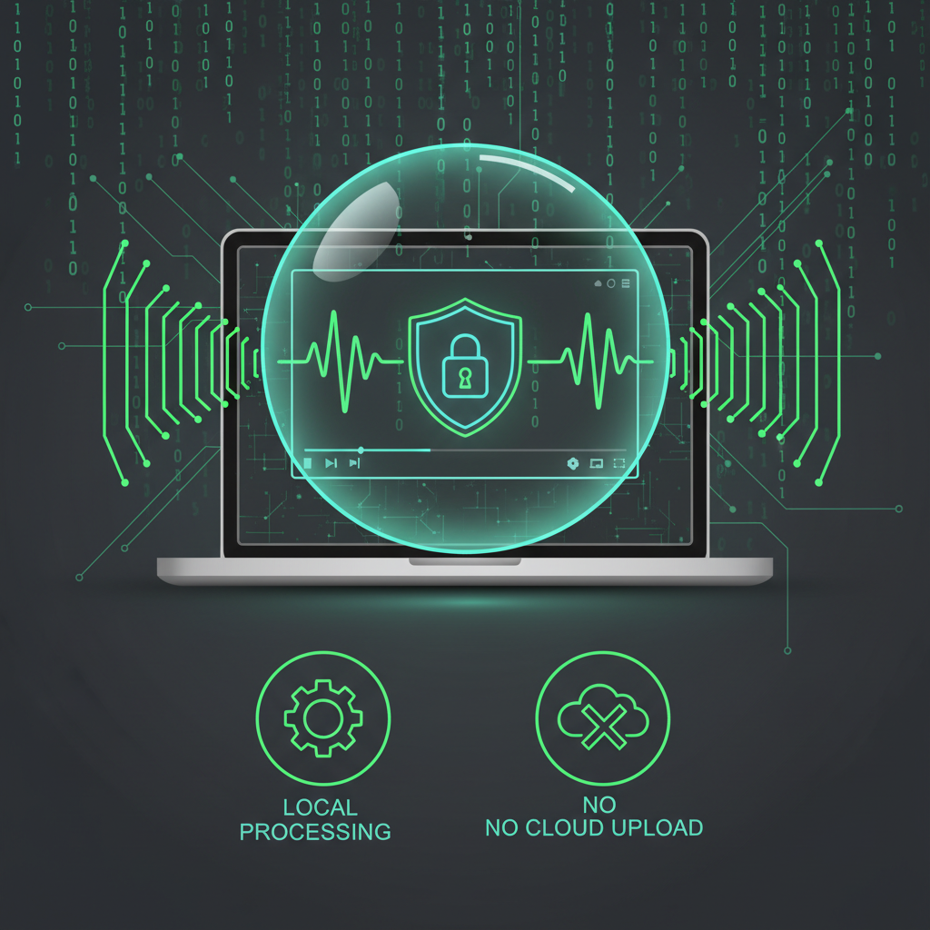 Privacy illustration showing local audio extraction without server uploads
