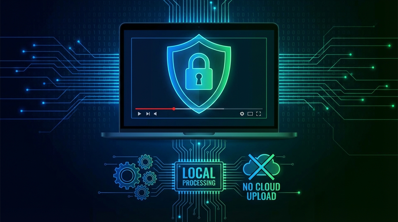 Privacy illustration showing local video processing without server uploads