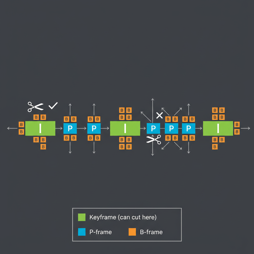 Diagram showing I-frames (keyframes), P-frames, and B-frames in a video timeline, with scissors showing where Fast Mode can and cannot cut